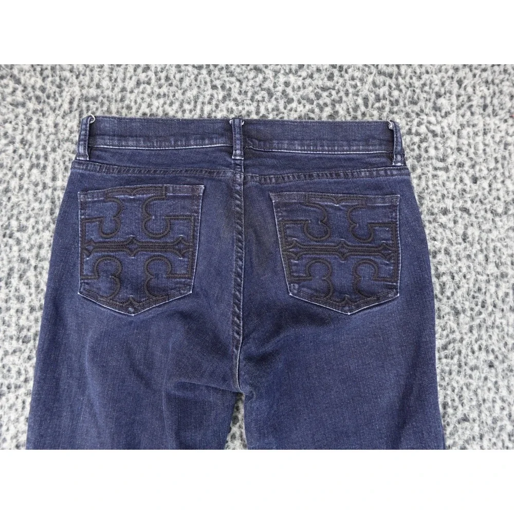Tory Burch Skinny Jeans Womens 29 Dark Blue Embroidered Logo Back Pockets